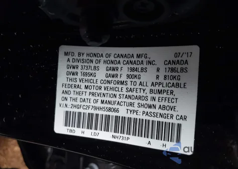 2017 Honda Civic Ex z USA, uszkodzony, nr VIN 2HGFC2F79HH558066